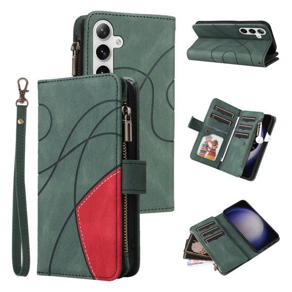 For Samsung Galaxy S25+ / S24+ 5G Dual-color 9 Card Slots Zipper Wallet Leather Phone Case(Green)