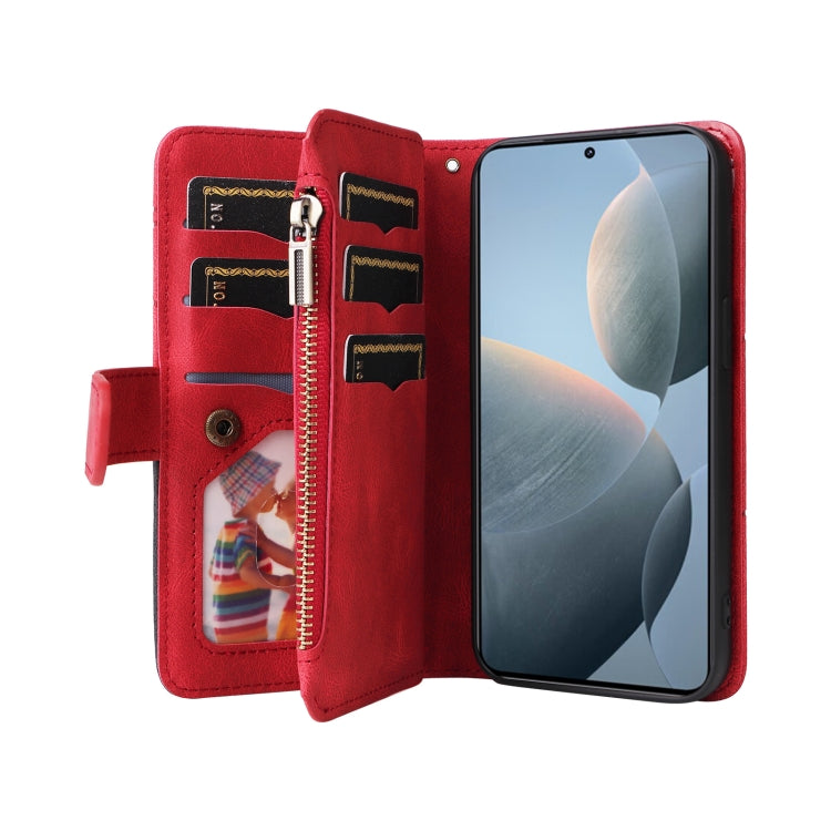 For Redmi K70 Dual-color 9 Card Slots Zipper Wallet Leather Phone Case(Red)