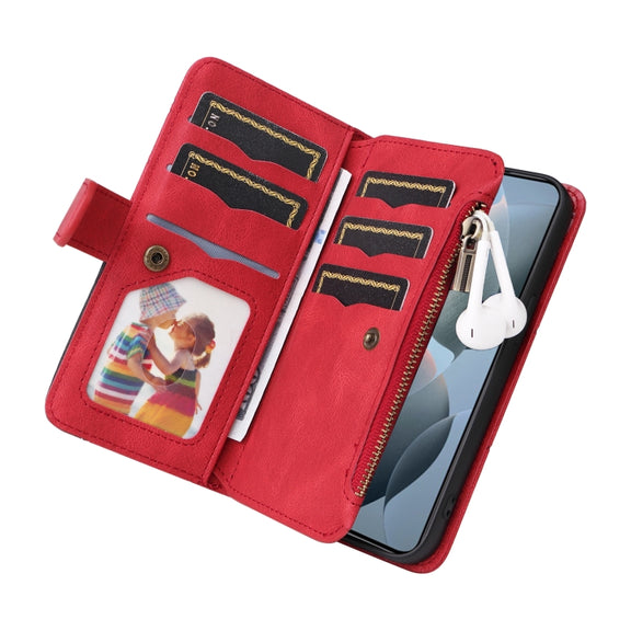 For Redmi K70 Dual-color 9 Card Slots Zipper Wallet Leather Phone Case(Red)