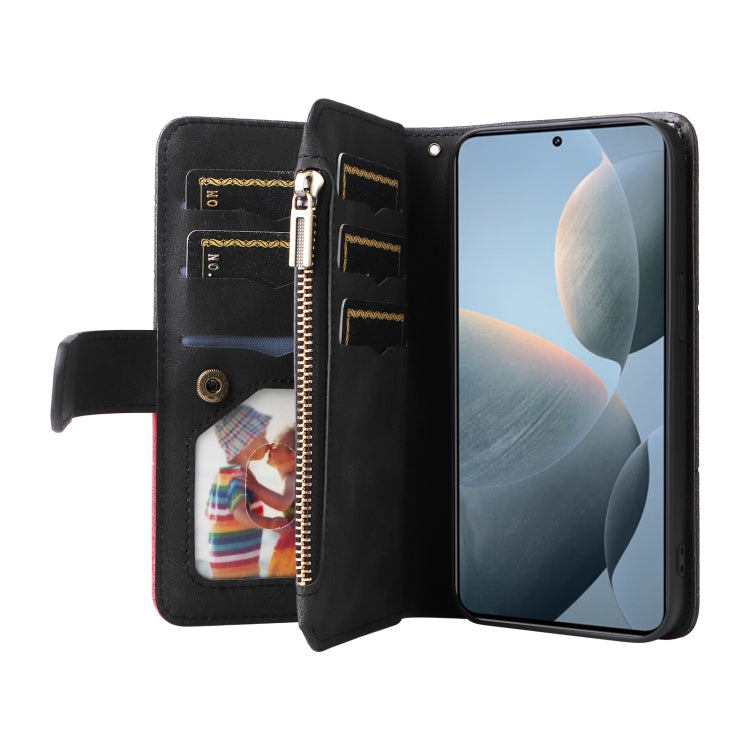 For Redmi K70 Dual-color 9 Card Slots Zipper Wallet Leather Phone Case(Black)