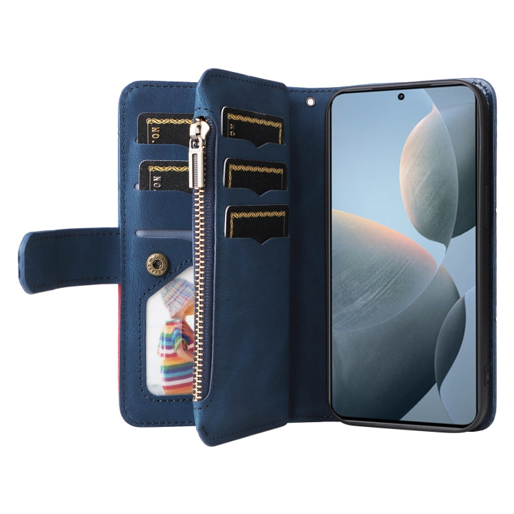 For Redmi K70 Dual-color 9 Card Slots Zipper Wallet Leather Phone Case(Blue)