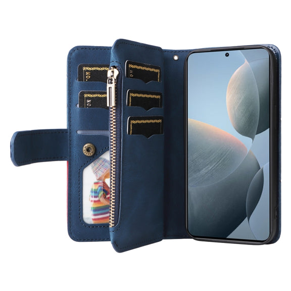 For Redmi K70 Dual-color 9 Card Slots Zipper Wallet Leather Phone Case(Blue)