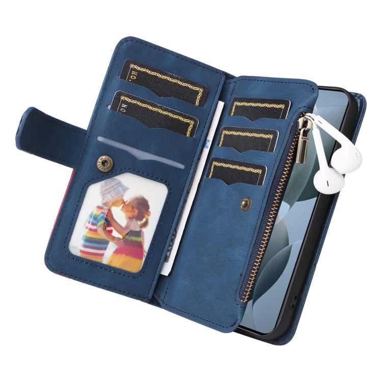For Redmi K70 Dual-color 9 Card Slots Zipper Wallet Leather Phone Case(Blue)