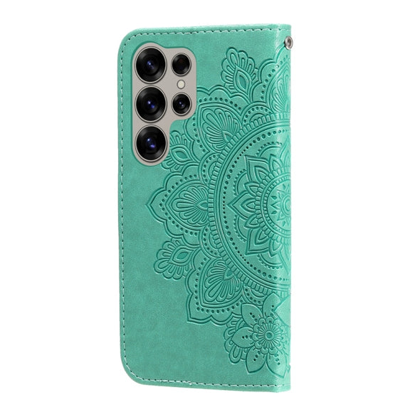 For Samsung Galaxy S25 Ultra 5G Seven-petal Flowers Embossing Leather Phone Case(Green)
