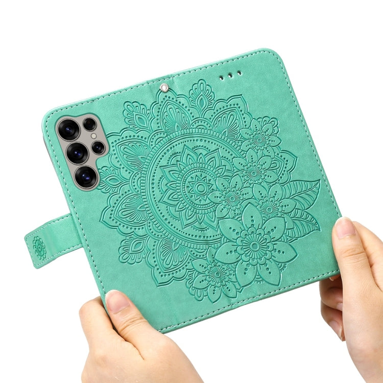 For Samsung Galaxy S25 Ultra 5G Seven-petal Flowers Embossing Leather Phone Case(Green)