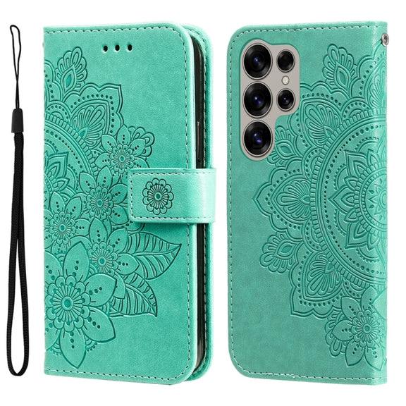 For Samsung Galaxy S25 Ultra 5G Seven-petal Flowers Embossing Leather Phone Case(Green)