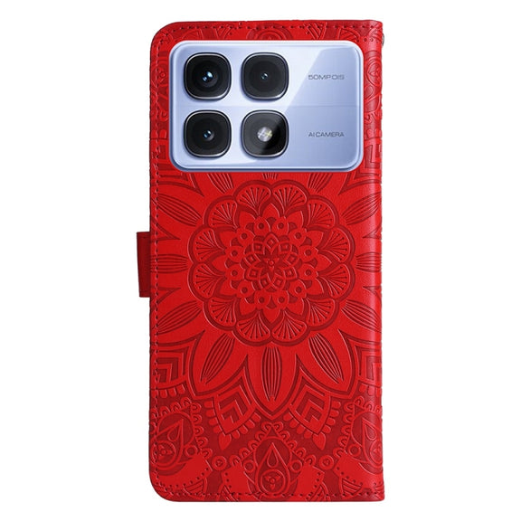 For Redmi K70 Ultra Embossed Sunflower Leather Phone Case(Red)