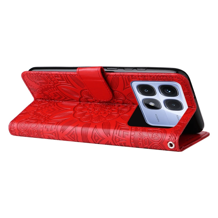 For Redmi K70 Ultra Embossed Sunflower Leather Phone Case(Red)
