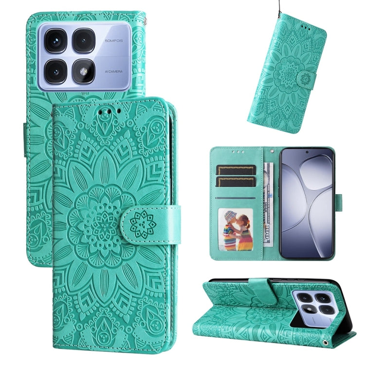 For Redmi K70 Ultra Embossed Sunflower Leather Phone Case(Green)