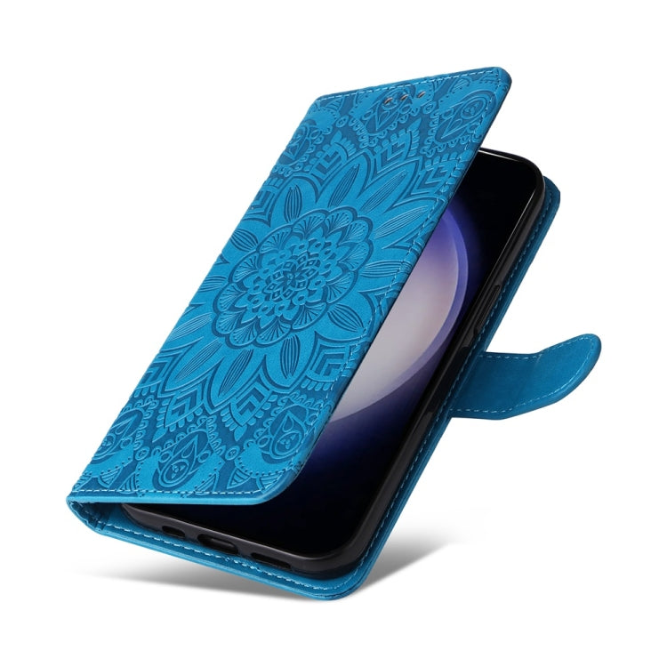 For Samsung Galaxy S25 5G Embossed Sunflower Leather Phone Case(Blue)