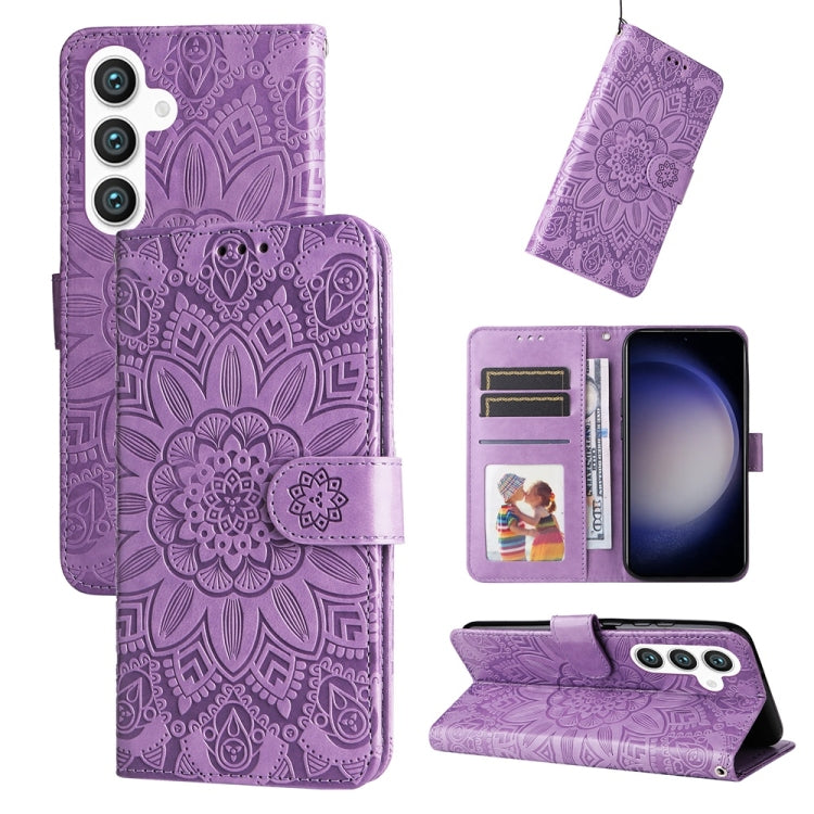 For Samsung Galaxy S25 5G Embossed Sunflower Leather Phone Case(Purple)