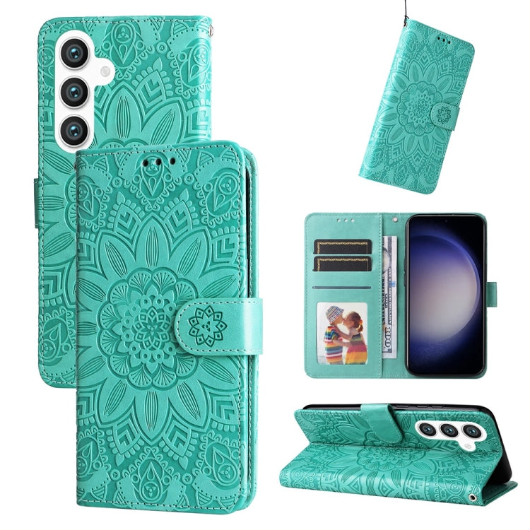 For Samsung Galaxy S25 5G Embossed Sunflower Leather Phone Case(Green)