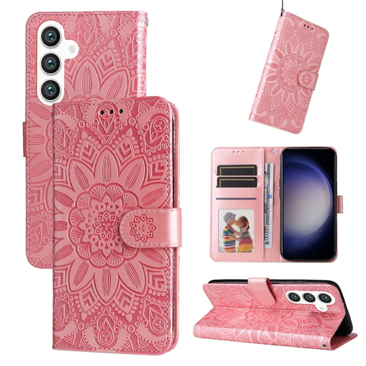 For Samsung Galaxy S25 5G Embossed Sunflower Leather Phone Case(Rose Gold)