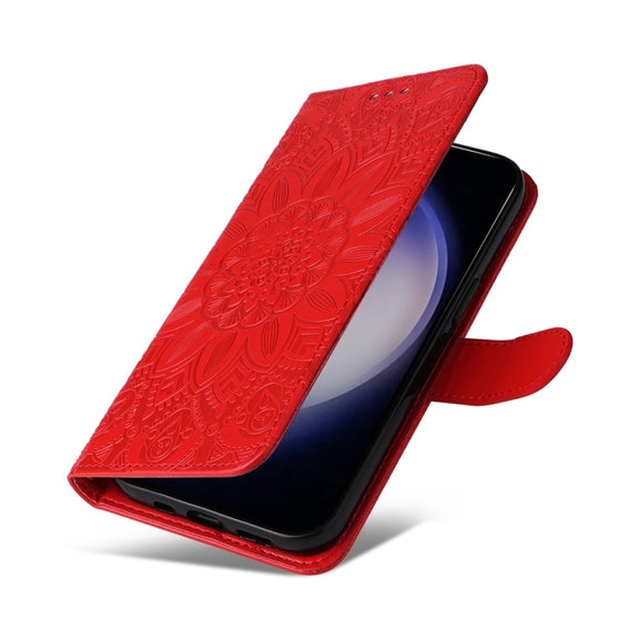 For Samsung Galaxy S25+ 5G Embossed Sunflower Leather Phone Case(Red)