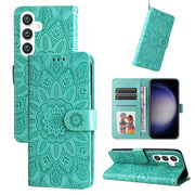 For Samsung Galaxy S25+ 5G Embossed Sunflower Leather Phone Case(Green)