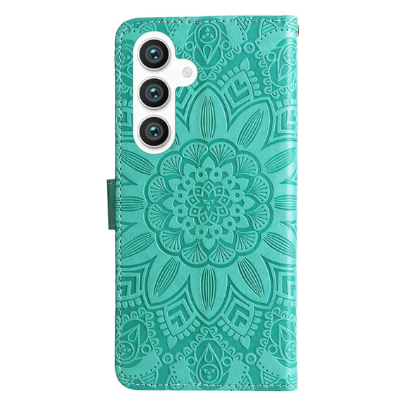 For Samsung Galaxy S25+ 5G Embossed Sunflower Leather Phone Case(Green)