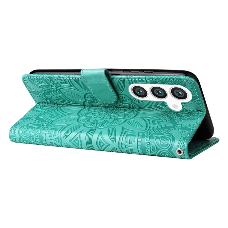 For Samsung Galaxy S25+ 5G Embossed Sunflower Leather Phone Case(Green)