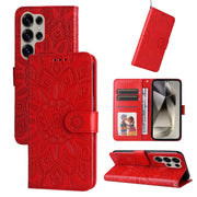 For Samsung Galaxy S25 Ultra 5G Embossed Sunflower Leather Phone Case(Red)
