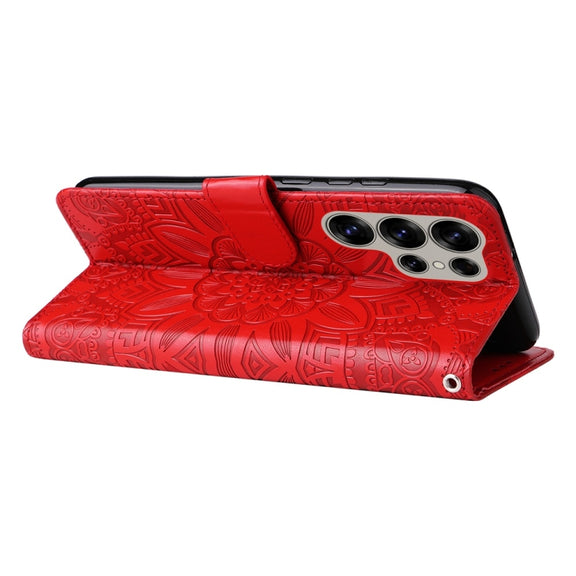 For Samsung Galaxy S25 Ultra 5G Embossed Sunflower Leather Phone Case(Red)