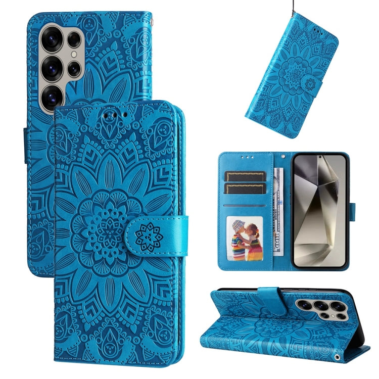 For Samsung Galaxy S25 Ultra 5G Embossed Sunflower Leather Phone Case(Blue)