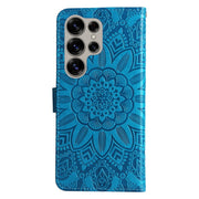 For Samsung Galaxy S25 Ultra 5G Embossed Sunflower Leather Phone Case(Blue)