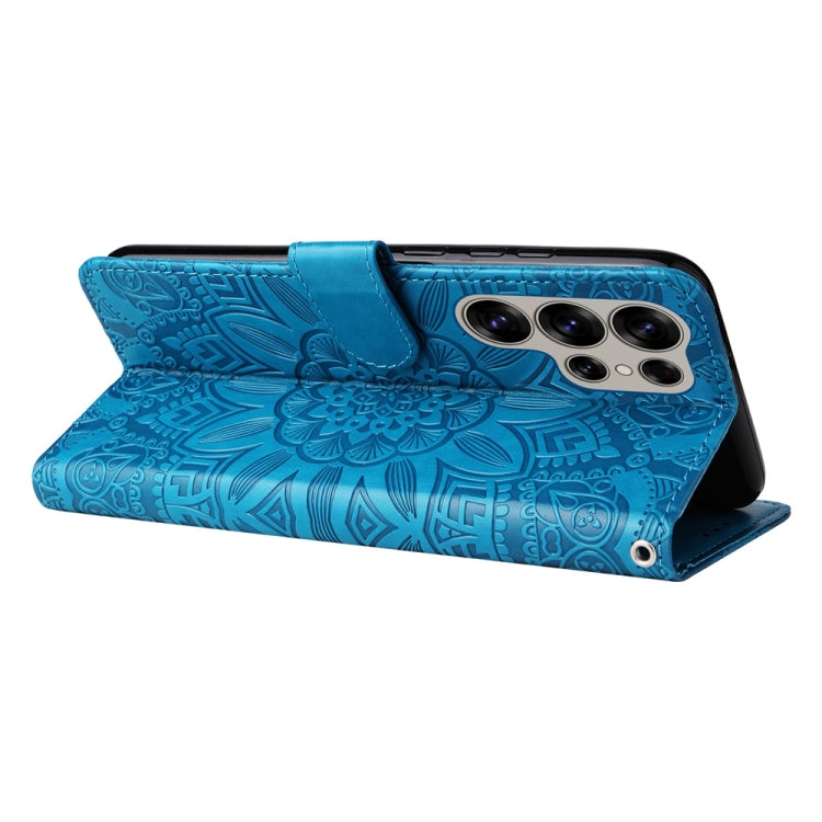 For Samsung Galaxy S25 Ultra 5G Embossed Sunflower Leather Phone Case(Blue)