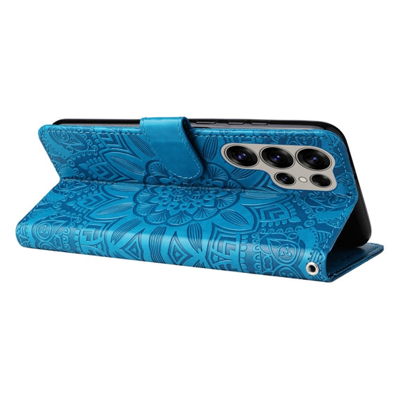 For Samsung Galaxy S25 Ultra 5G Embossed Sunflower Leather Phone Case(Blue)