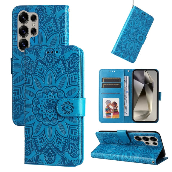 For Samsung Galaxy S25 Ultra 5G Embossed Sunflower Leather Phone Case(Blue)