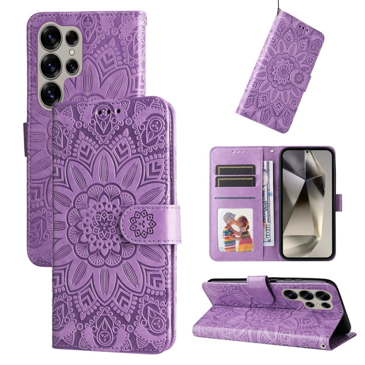 For Samsung Galaxy S25 Ultra 5G Embossed Sunflower Leather Phone Case(Purple)