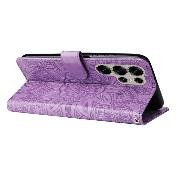 For Samsung Galaxy S25 Ultra 5G Embossed Sunflower Leather Phone Case(Purple)