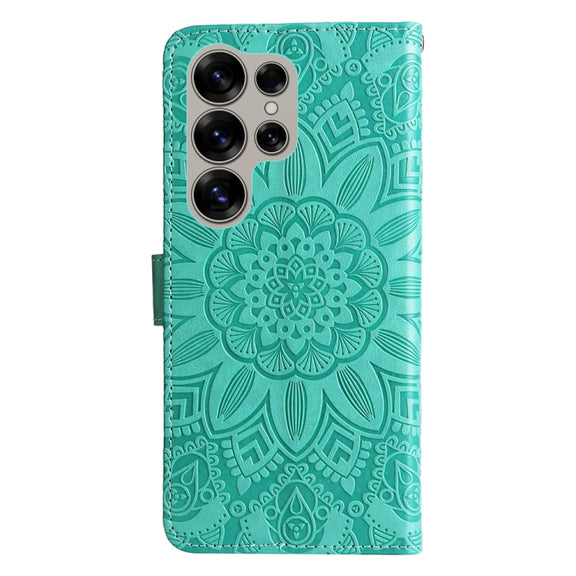 For Samsung Galaxy S25 Ultra 5G Embossed Sunflower Leather Phone Case(Green)