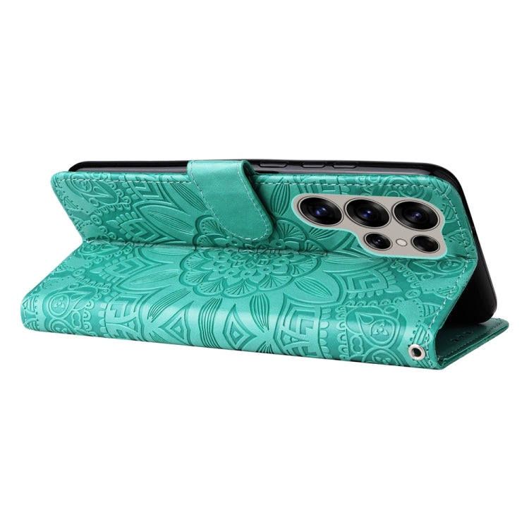 For Samsung Galaxy S25 Ultra 5G Embossed Sunflower Leather Phone Case(Green)