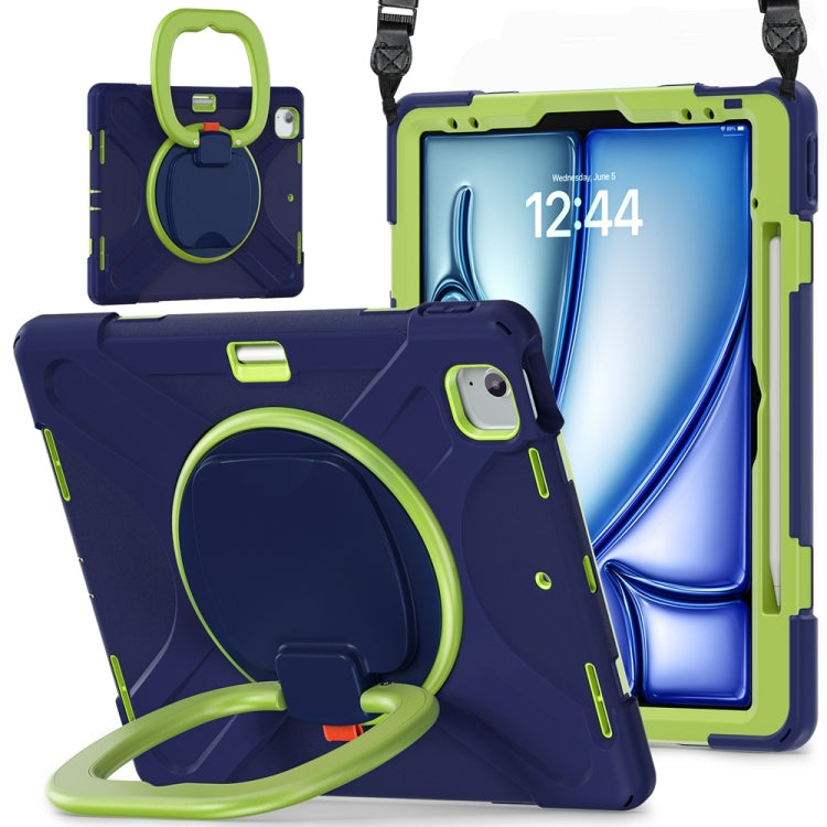 For iPad Air 13 2024 / Air 13 2025 Silicone Hybrid PC Tablet Case with Holder & Shoulder Strap(Navy Blue Lime)