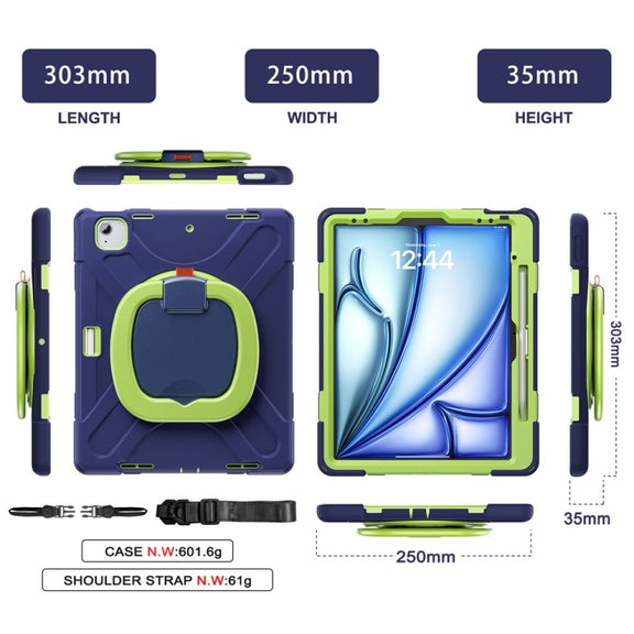 For iPad Air 13 2024 / Air 13 2025 Silicone Hybrid PC Tablet Case with Holder & Shoulder Strap(Navy Blue Lime)
