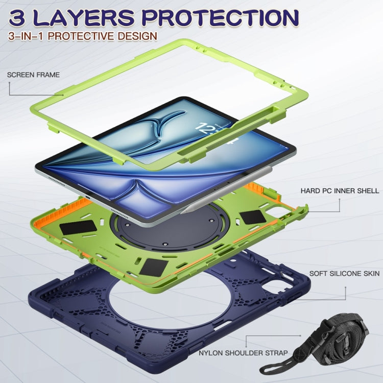 For iPad Air 13 2024 / Air 13 2025 Silicone Hybrid PC Tablet Case with Holder & Shoulder Strap(Navy Blue Lime)
