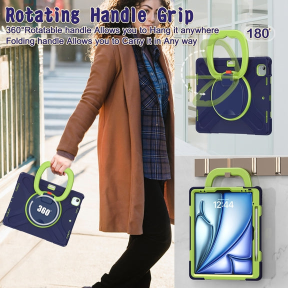 For iPad Air 13 2024 / Air 13 2025 Silicone Hybrid PC Tablet Case with Holder & Shoulder Strap(Navy Blue Lime)