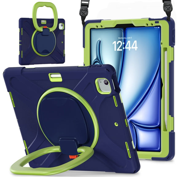For iPad Air 13 2024 / Air 13 2025 Silicone Hybrid PC Tablet Case with Holder & Shoulder Strap(Navy Blue Lime)