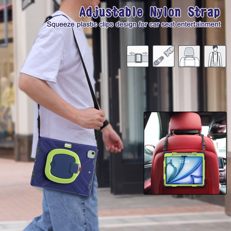 For iPad Air 13 2024 / Air 13 2025 Silicone Hybrid PC Tablet Case with Holder & Shoulder Strap(Navy Blue Lime)