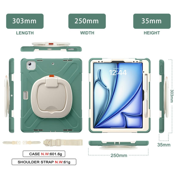 For iPad Air 13 2024 Silicone Hybrid PC Tablet Case with Holder & Shoulder Strap(Emerald Green)