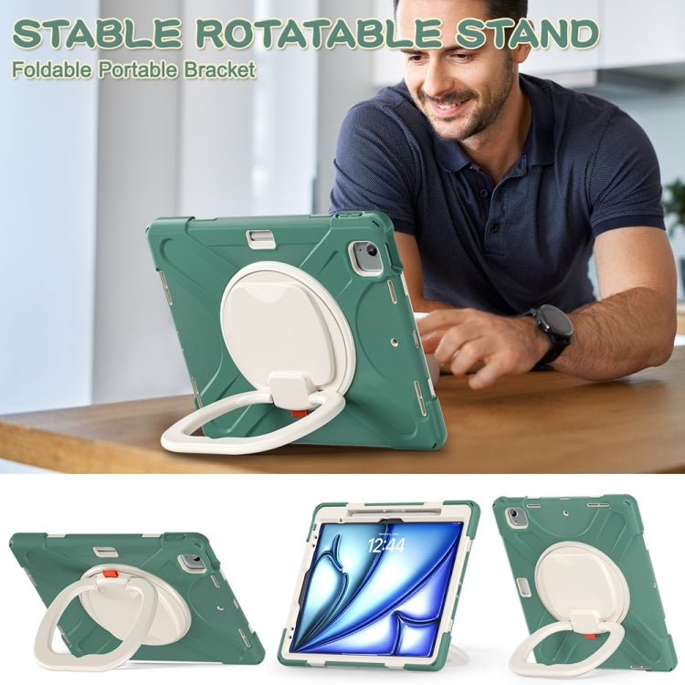For iPad Air 13 2024 Silicone Hybrid PC Tablet Case with Holder & Shoulder Strap(Emerald Green)