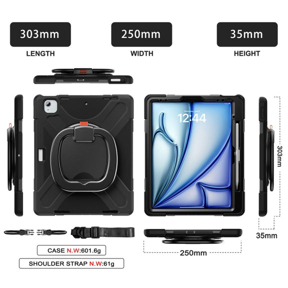 For iPad Air 13 2024 Silicone Hybrid PC Tablet Case with Holder & Shoulder Strap(Black)
