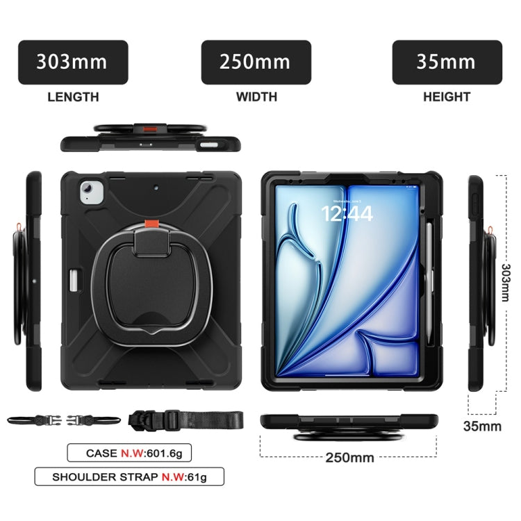 For iPad Air 13 2024 Silicone Hybrid PC Tablet Case with Holder & Shoulder Strap(Black)