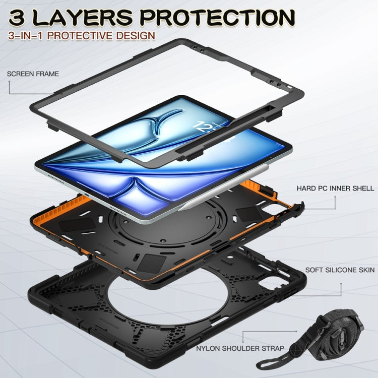 For iPad Air 13 2024 Silicone Hybrid PC Tablet Case with Holder & Shoulder Strap(Black)
