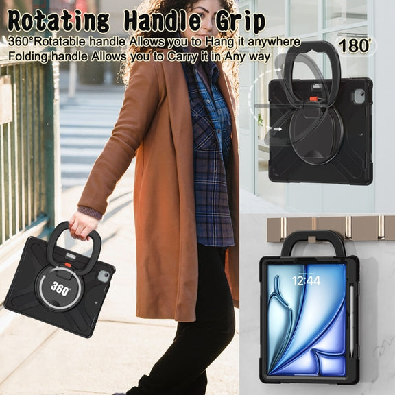 For iPad Air 13 2024 Silicone Hybrid PC Tablet Case with Holder & Shoulder Strap(Black)