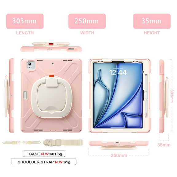 For iPad Air 13 2024 / Air 13 2025 Silicone Hybrid PC Tablet Case with Holder & Shoulder Strap(Cherry Blossom Pink)