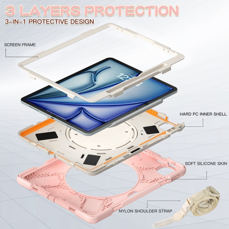 For iPad Air 13 2024 / Air 13 2025 Silicone Hybrid PC Tablet Case with Holder & Shoulder Strap(Cherry Blossom Pink)