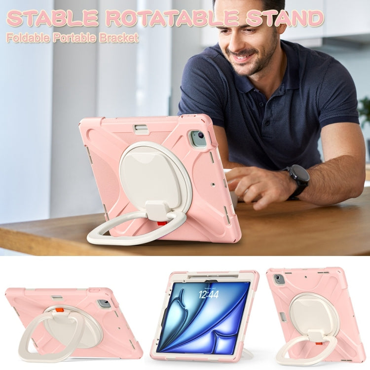 For iPad Air 13 2024 / Air 13 2025 Silicone Hybrid PC Tablet Case with Holder & Shoulder Strap(Cherry Blossom Pink)