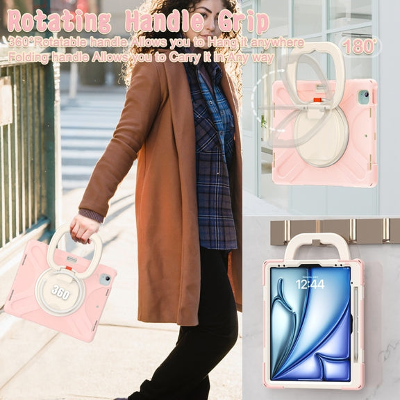 For iPad Air 13 2024 / Air 13 2025 Silicone Hybrid PC Tablet Case with Holder & Shoulder Strap(Cherry Blossom Pink)