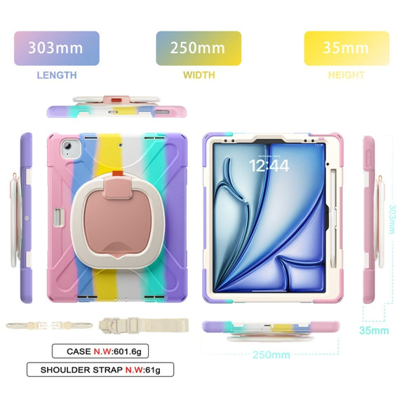 For iPad Air 13 2024 Silicone Hybrid PC Tablet Case with Holder & Shoulder Strap(Colorful Pink)