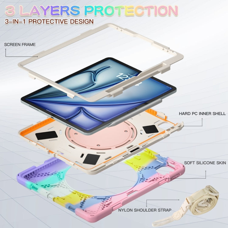 For iPad Air 13 2024 Silicone Hybrid PC Tablet Case with Holder & Shoulder Strap(Colorful Pink)